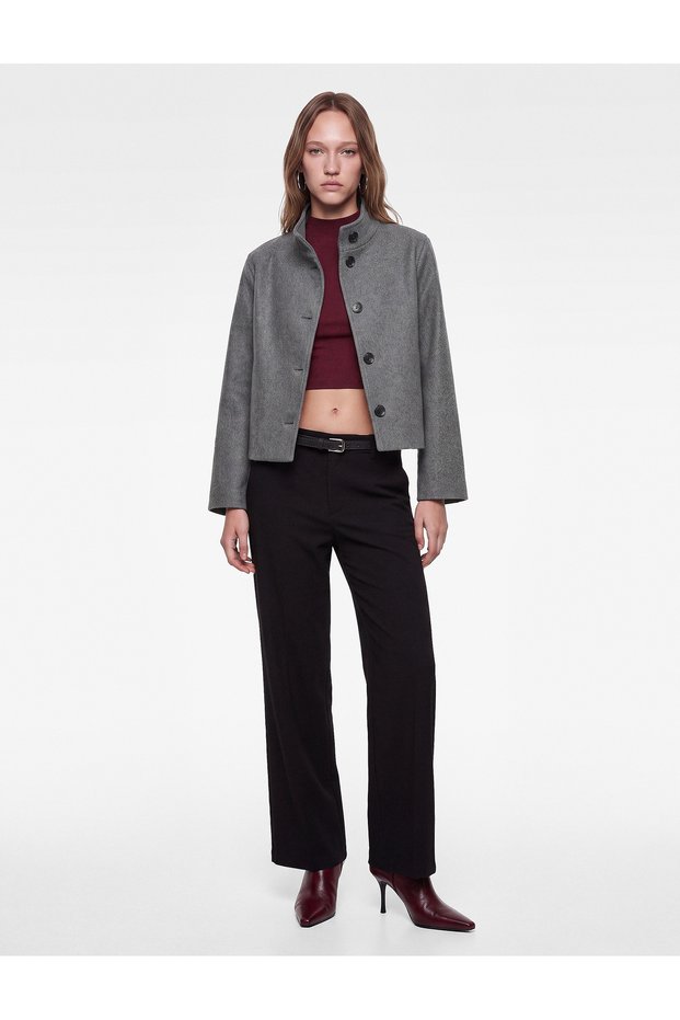 Buttoned Regular Fit Stand Collar Long Sleeve Cashmere Jacket