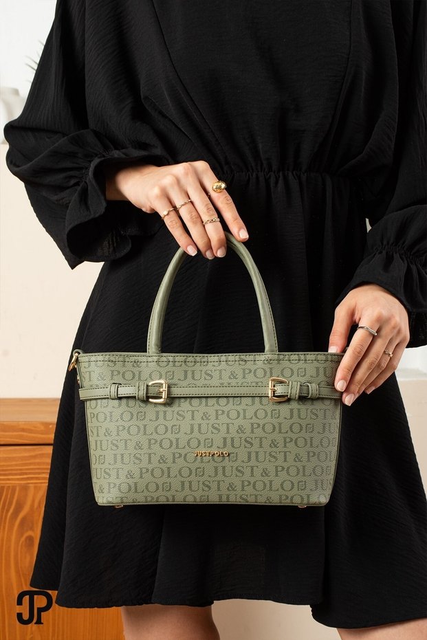 Meyra Double-Buckle Monogram Pattern Adjustable Strap Green Women's Shoulder and Crossbody Bag.