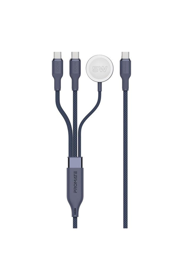 كابل شحن متعدد الأجهزة مع منفذي USB-C بقدرة 100 واط، شاحن متوافق مع ساعة آبل، سرعة نقل بيانات 480 ميجابت في الثانية.