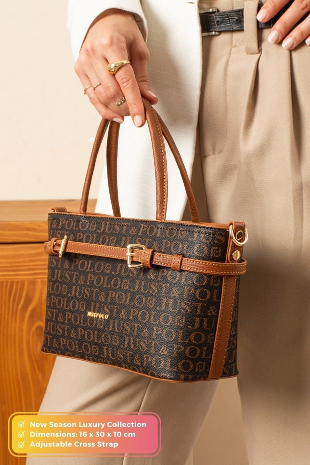 Meyra Double-Buckle Monogram Pattern Adjustable Strap Brown Tote Bag for Women, Suitable for Shoulder and Crossbody Use.