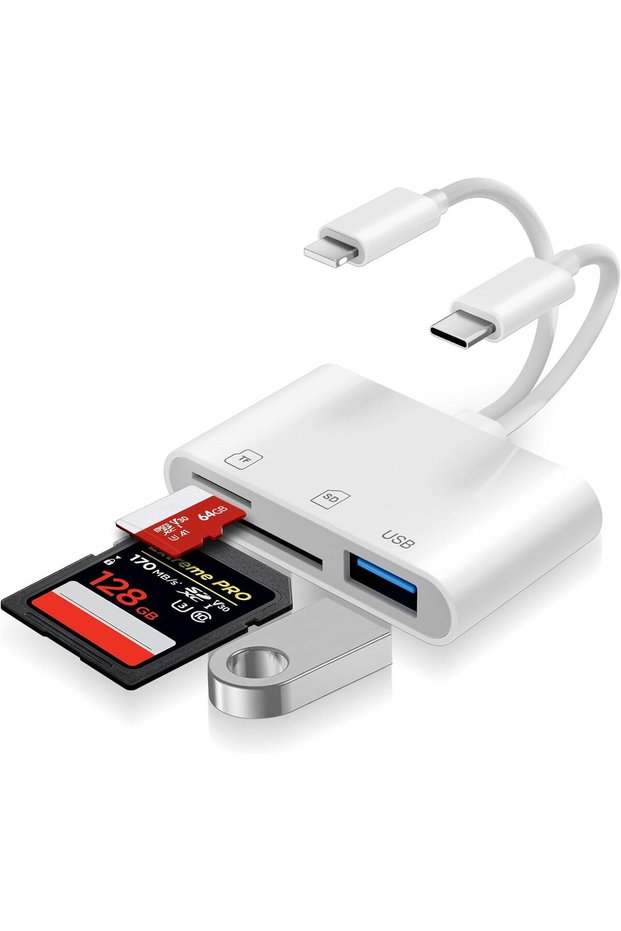 قارئ بطاقات 3 في 1 USB-C وMicroSD، محول بطاقات SD لأجهزة iPhone، قارئ بطاقات كاميرا Lightning SD/TF
