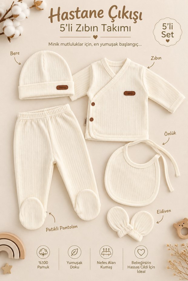 Baby Boy and Girl Natural 5-Piece Hospital Outfit Set.