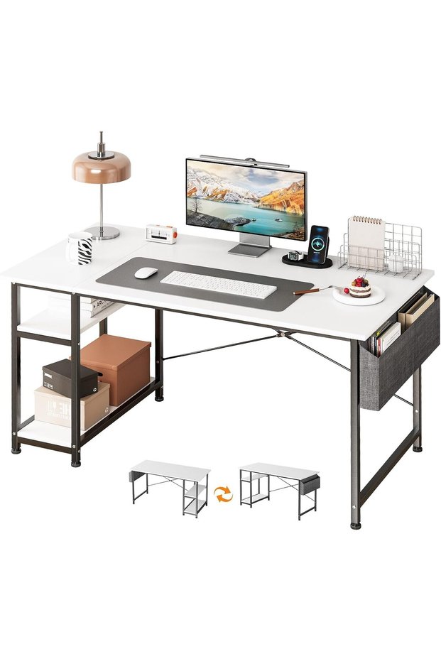Writing Computer table, 140cm Study Desk table with Reversible Storage Shelves and Fabric Storage Ba
