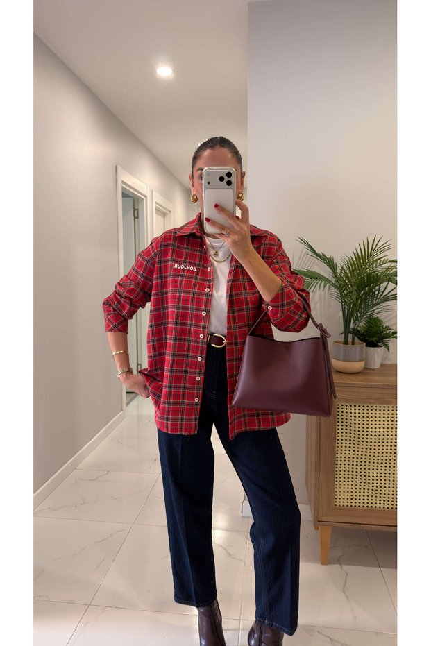 Kalirda Red Plaid Shirt with Bonjour Embroidery.