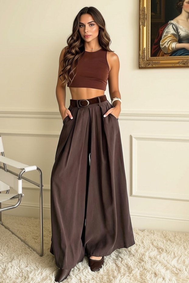 Women's Brown Modal High-Waisted Wide-Leg Belted Pants Skirt