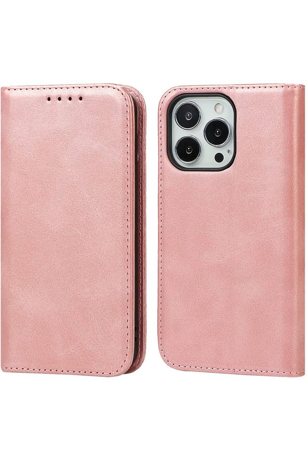 حافظة لهاتف iPhone 13 Pro، بتصميم محفظة مع حامل للبطاقات، مصنوعة من جلد البولي يوريثان، مزودة بقاعدة مغناطيسية، ومقاومة للصدمات.