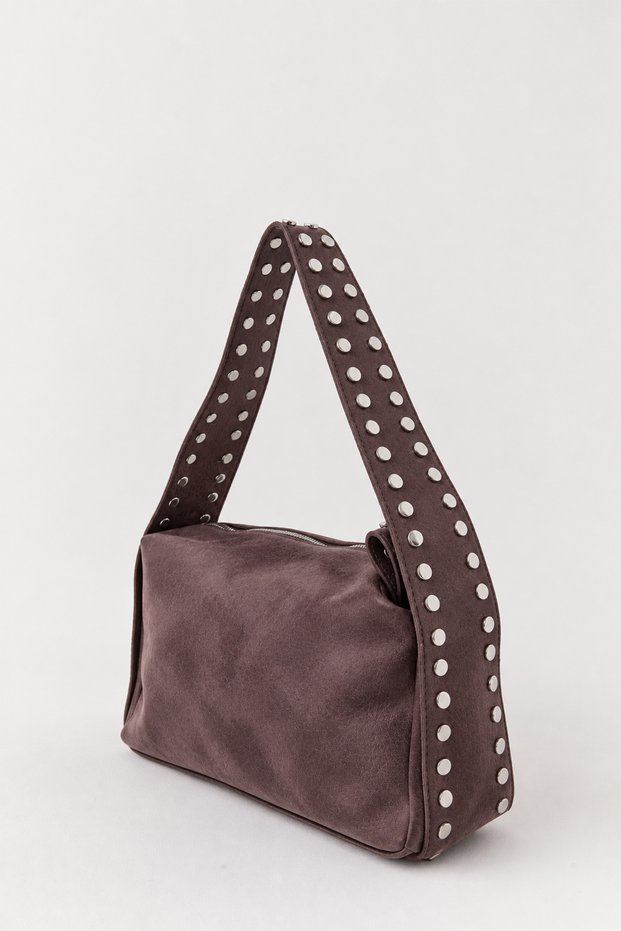 Nova Suede Soft Leather-Look Bag with Rivet Details, Dark Brown, Women's Baguette-Style Handbag and Shoulder Bag.