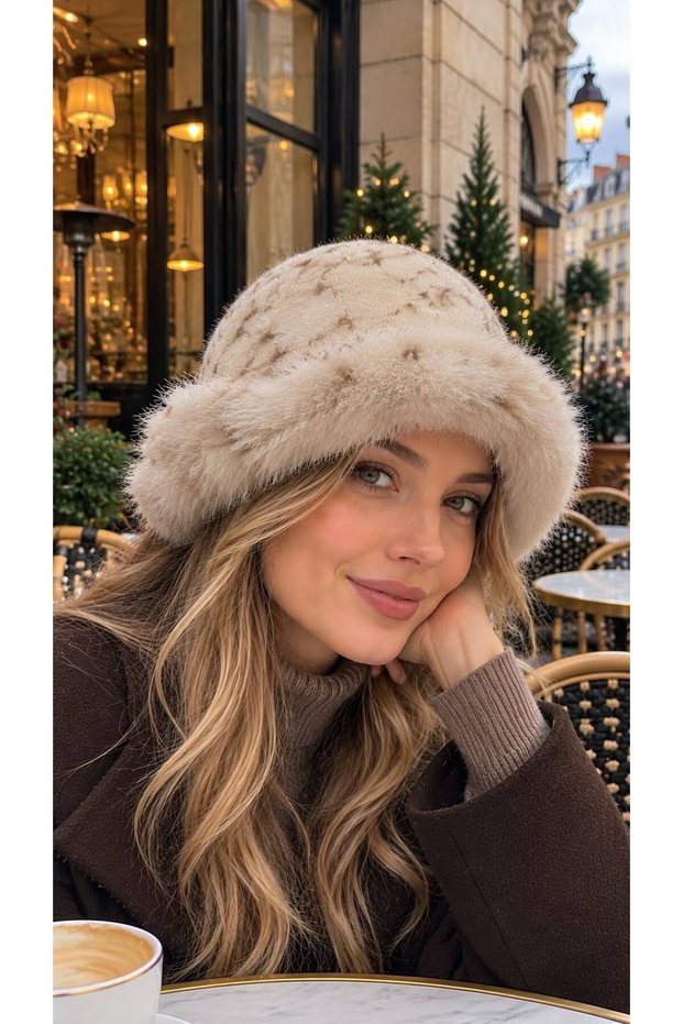 Beige Silvery Soft Textured Plush Cap Women's Hat