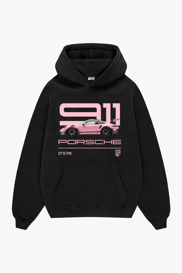 911 Pink-Printed Oversized Unisex Black Hoodie
