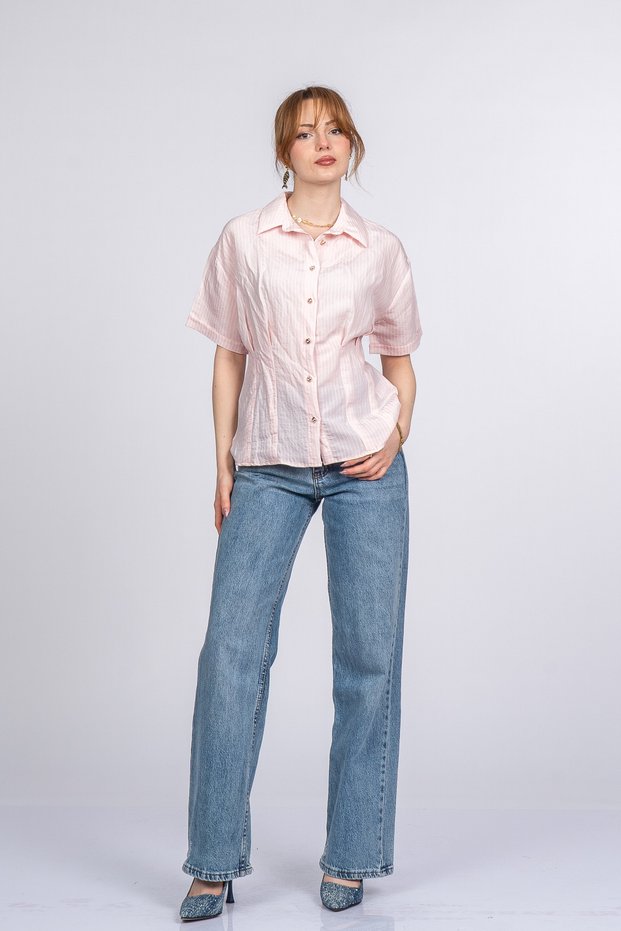 Women's Summer Powder-Colored Novelle Fitted at Waist Short-Sleeved Striped Shirt 70077