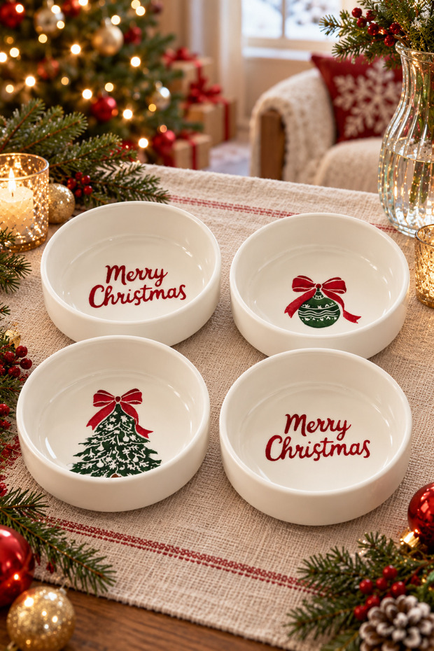 Merry Christmas 4-Piece 13-cm Ceramic Cookie Jar & Sauce Bowl Set for Breakfast and Serving