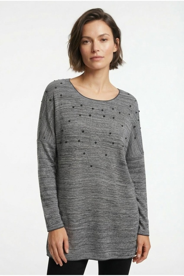 Women's Gray Knit Blouse with Stone Detailing.