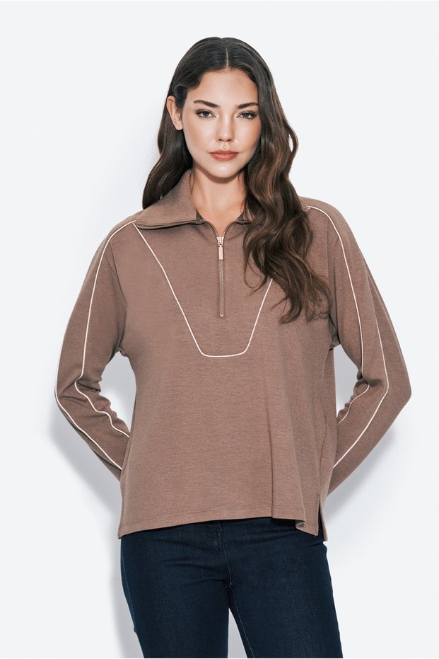 Zip-Up Piped Hooded Sweatshirt