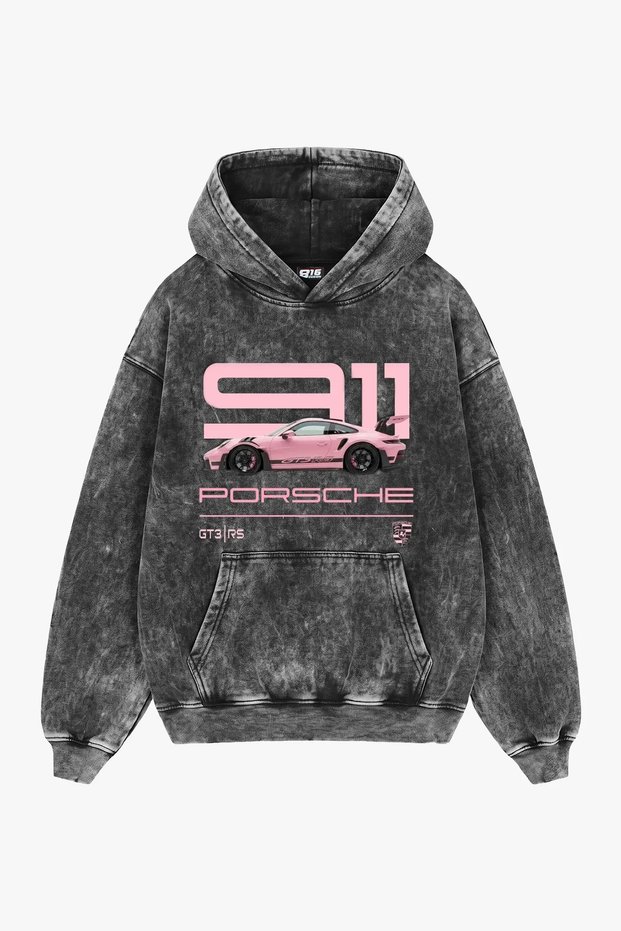 911 Pink Printed Oversized Unisex Washed Black Hoodie.