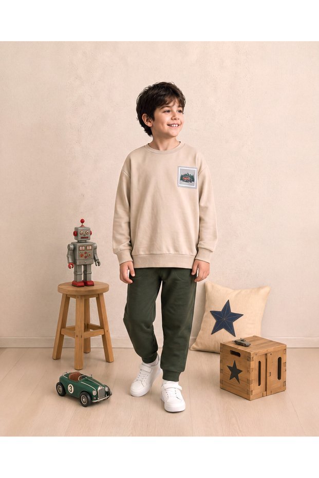 Boys' & Baby's Winter Seasonal 100% Cotton 2-Thread Sequin-Printed Ribbed Long-Sleeve Pajama & Tracksuit Set, Beige.