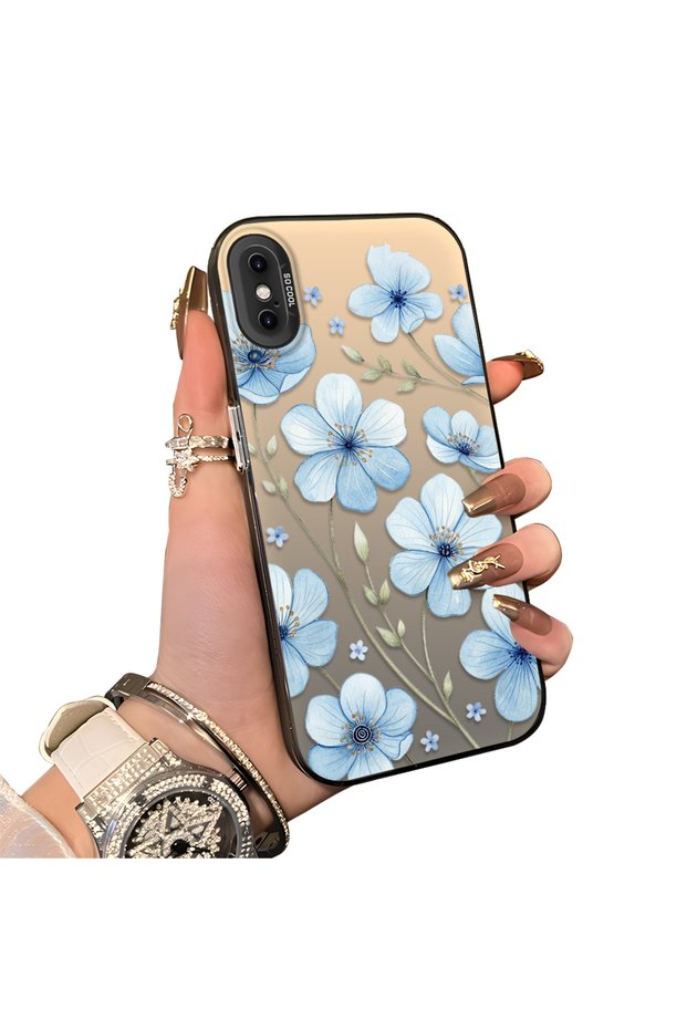 iPhone XS Max Compatible Silicone Hard-Edge Back Case with Floral Print—Romantic Couple Phone Case