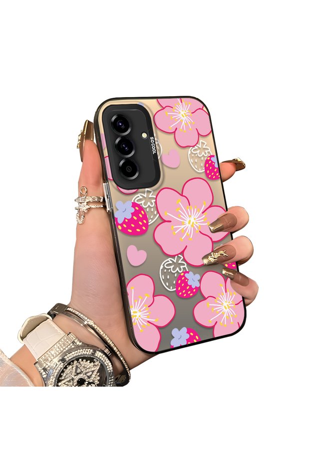 Samsung Galaxy A36 5G Compatible Silicone Hard-Edge Back Case with Strawberry Pattern—Romantic Couple Phone Case