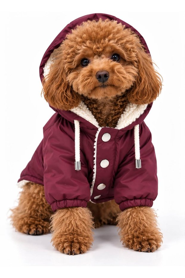 Small Breed Hooded Fur-Trimmed Dog Coat, BURGUNDY – Winter, Windproof, Stylish Dog Outfit