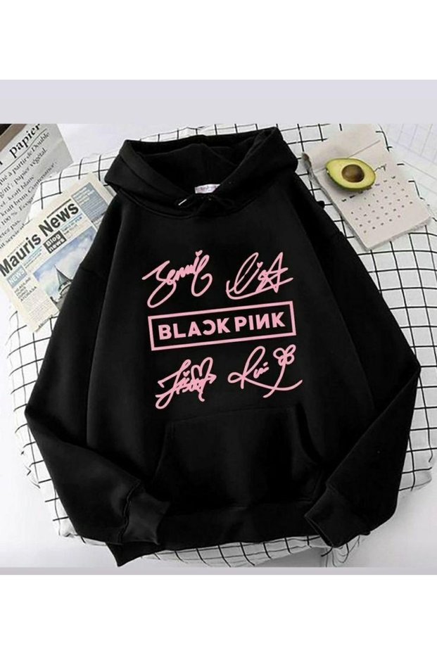 سويت شيرت أسود كبير الحجم مطبوع عليه Blackpink مصنوع من القطن بثلاثة خيوط