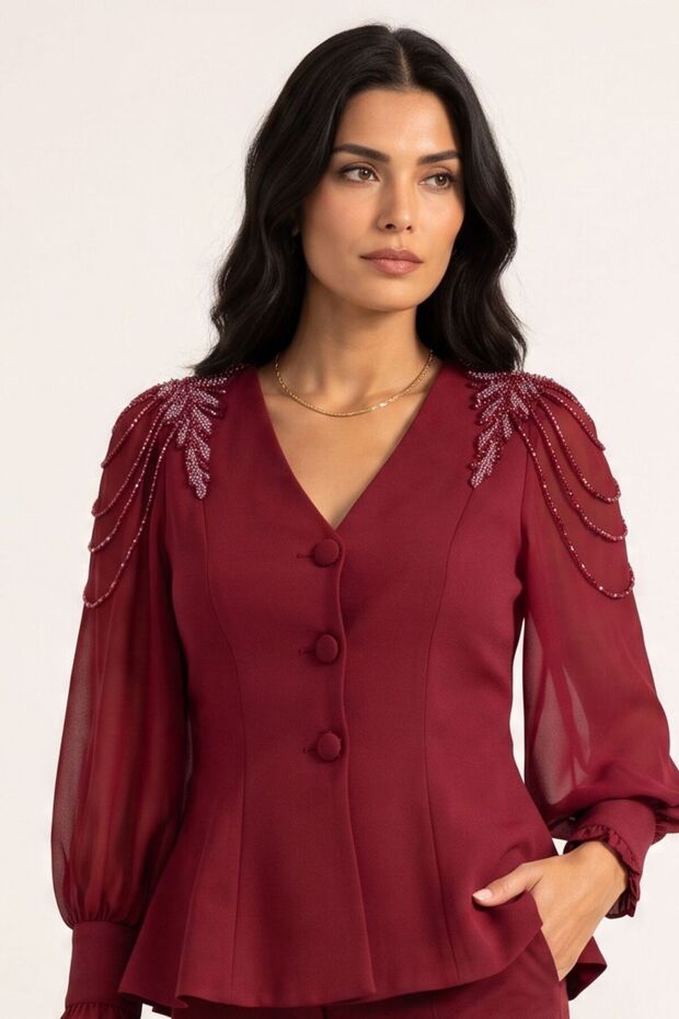 Pearl Embellished Peplum Blouse and Pants Set | Premium White & Black Special Series 35026