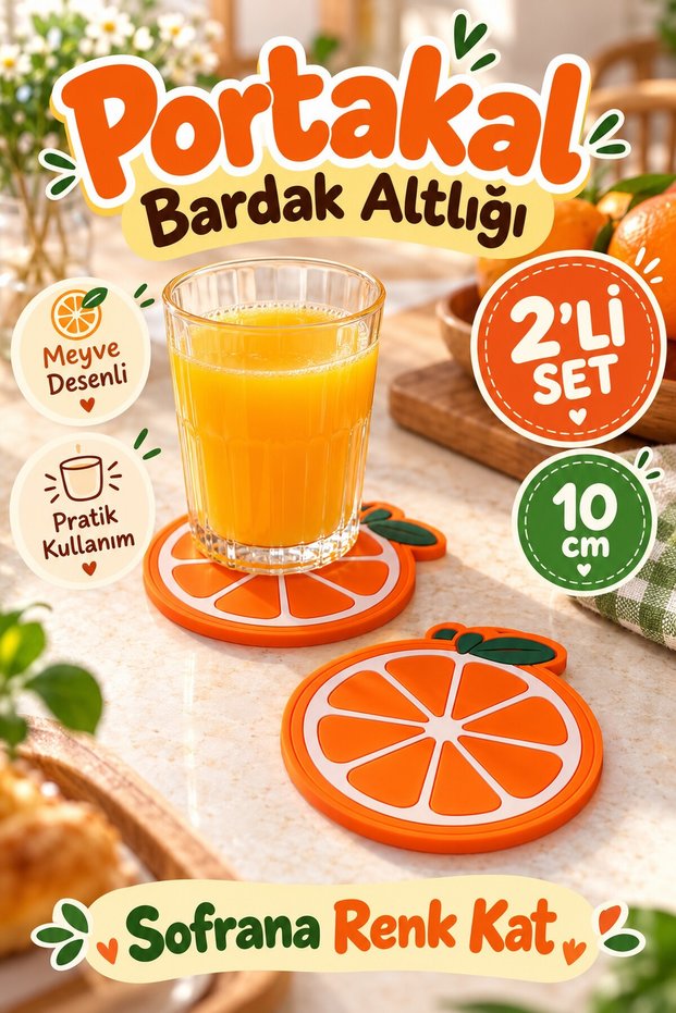 Orange-Patterned Coaster Set of 2, 10 cm, with Orange Fruit Design—Decorative Coasters for Tables and Side Tables