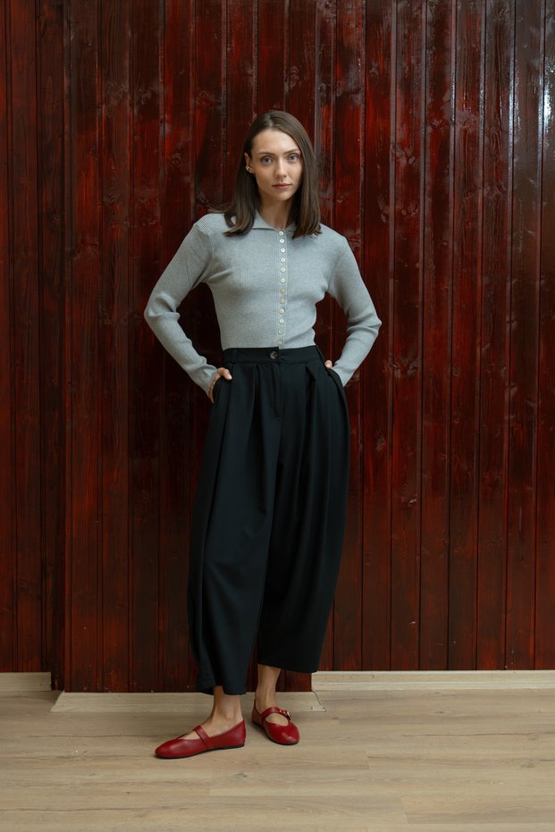Gray Knit T-Shirt with Button-Collar Detail