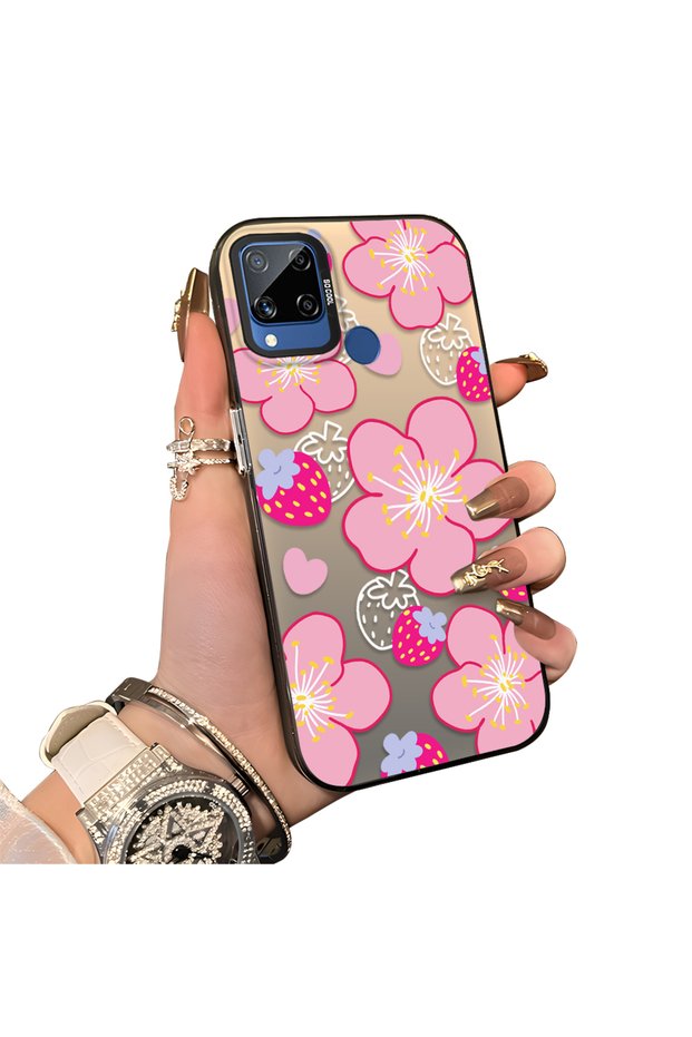 Realme C15 Compatible Silicone Hard-Edge Back Case with Strawberry Pattern—Cute Couple Phone Case