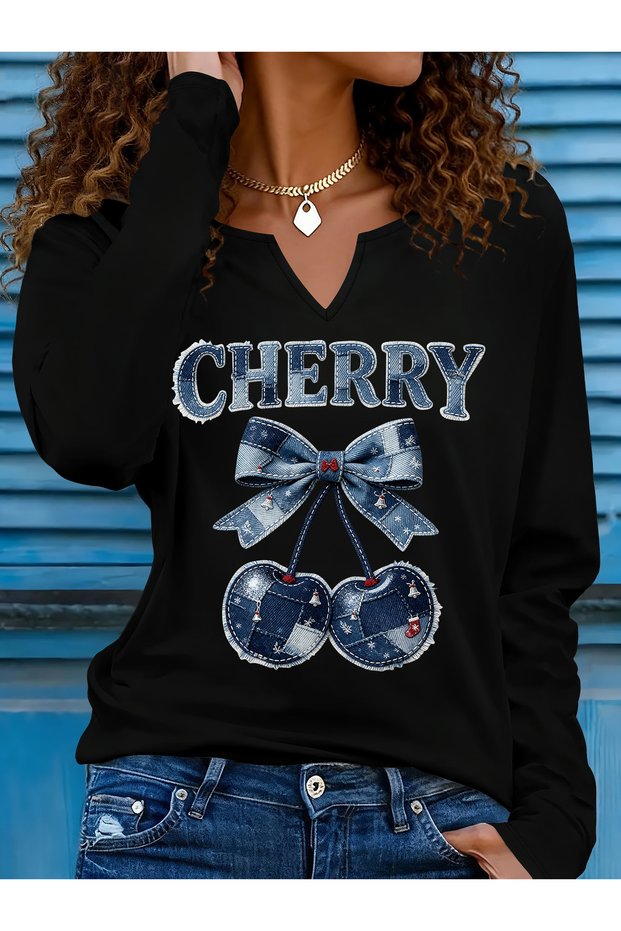 Printed Cotton-Stretch Fabric Half-V-Neck Long-Sleeve Blouse