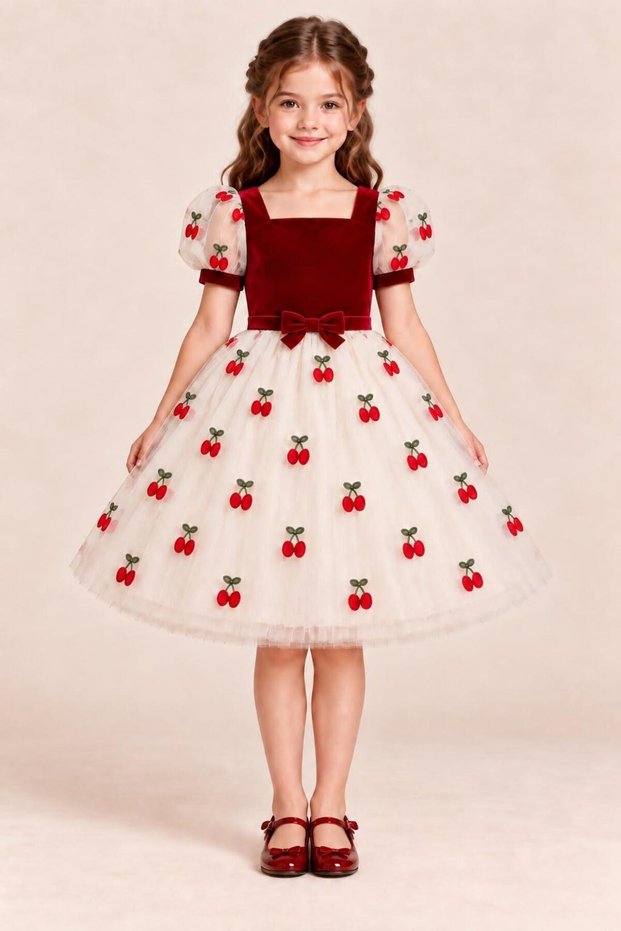 Cherry-Print Puffy Tulle Princess Dress in Burgundy Velvet and Ecru for a Birthday Party