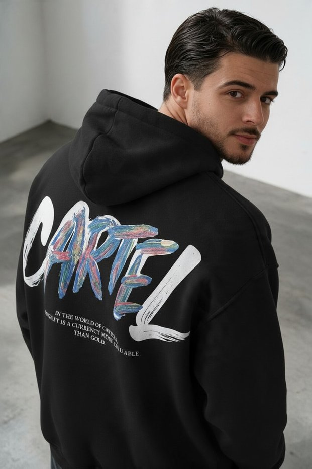 Men's Oversized Hooded Black 3-Ply Brushed Inside Sherpa Sweatshirt with Cartel Print and Kangaroo Pocket