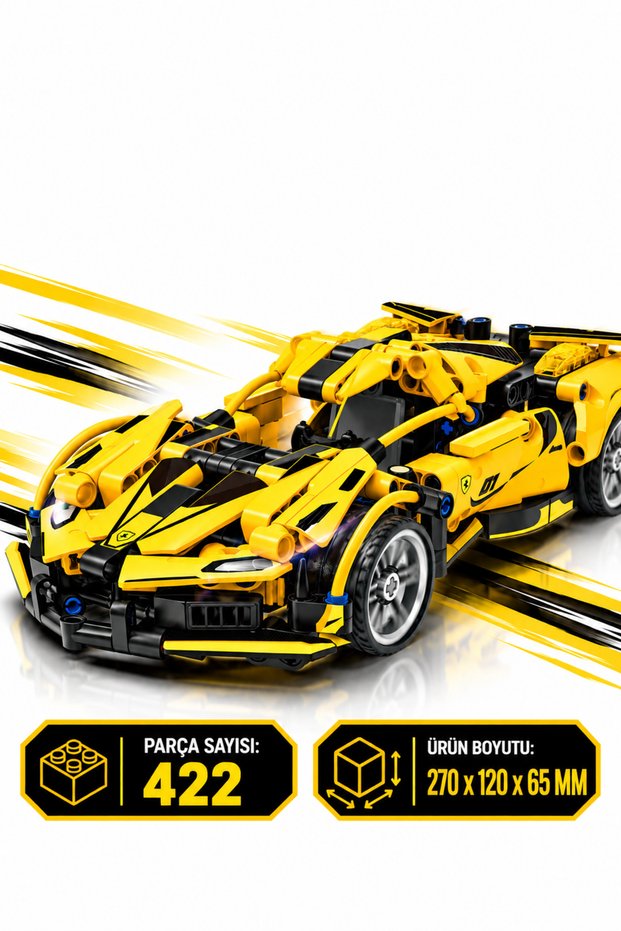 422-Piece Yellow Sports Car Building Set, 1:18 Scale, with Opening Doors and Rotating Steering Wheel, Ages 6+