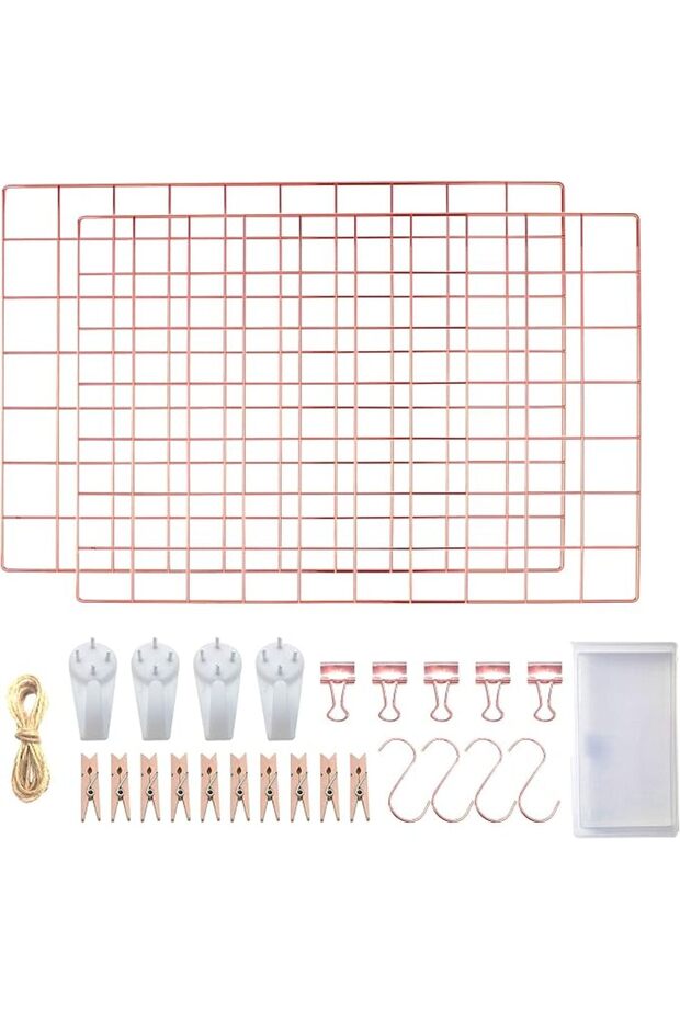 Rose Gold Wall Grid Panel Set of 2, Mesh Photo Display Board