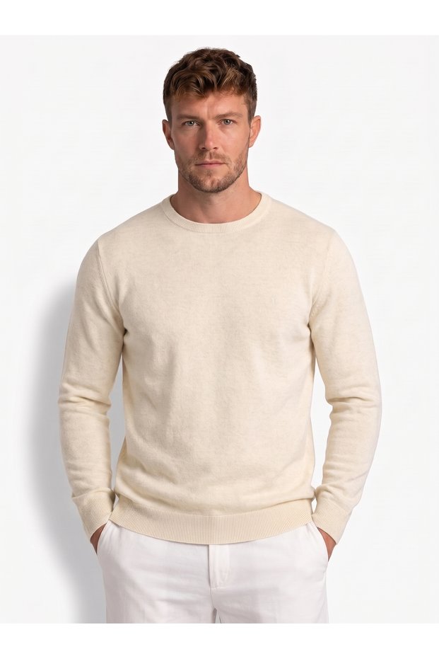 Men's Cream-Colored Wool Blend Crew Neck Knit Sweater - Soft-Textured