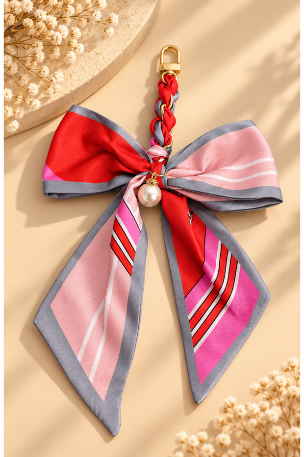 Red and Pink Patterned Pearl-Embellished Bow Detail Bag Scarf – Bag Ornament and Accessory with Clip