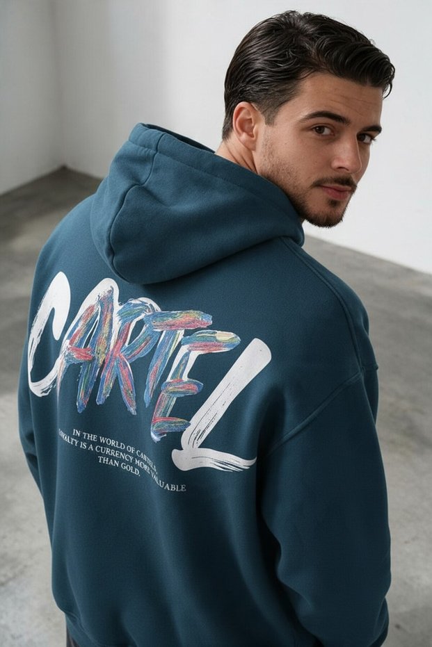 Men's Oversized Hooded Sweatshirt with "Cartel" Print, Kangaroo Pocket, Petrol Blue, 3-Ply Brushed Inside Hem