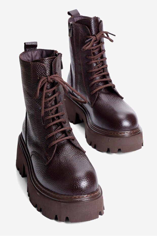 Women's Genuine Leather Zip-Up Boots with Thick Soles, Loras Brown