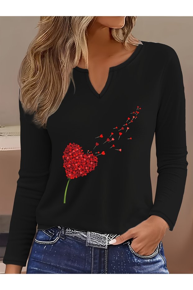 Printed Cotton-Stretch Fabric Half-V-Neck Long-Sleeve Blouse