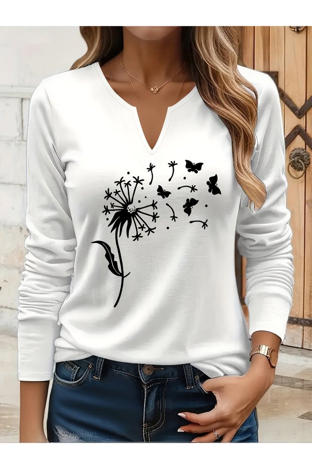 Printed Cotton-Stretch Fabric Half-V-Neck Long-Sleeve Blouse