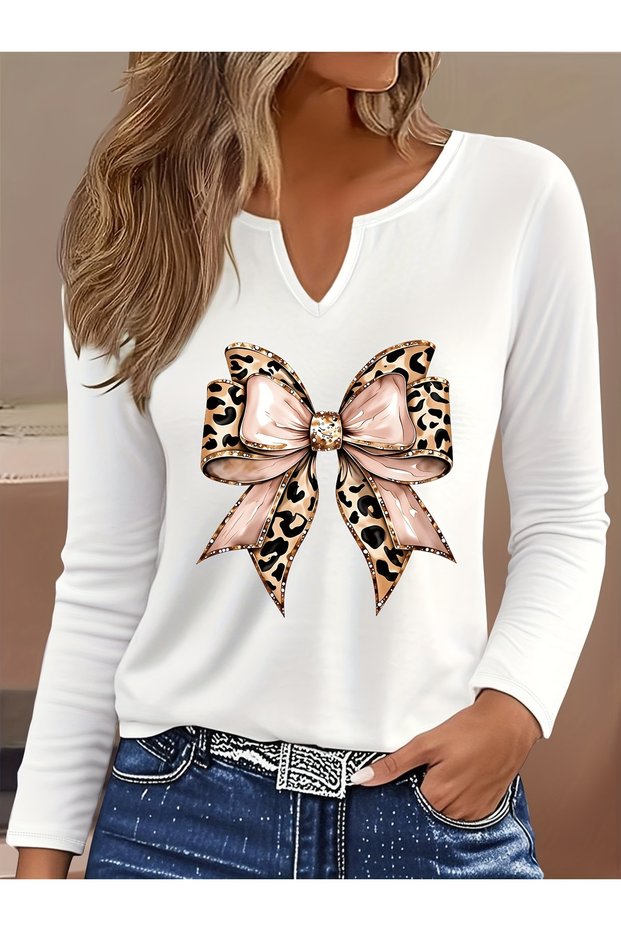 Printed Cotton-Stretch Fabric Half-V-Neck Long-Sleeve Blouse