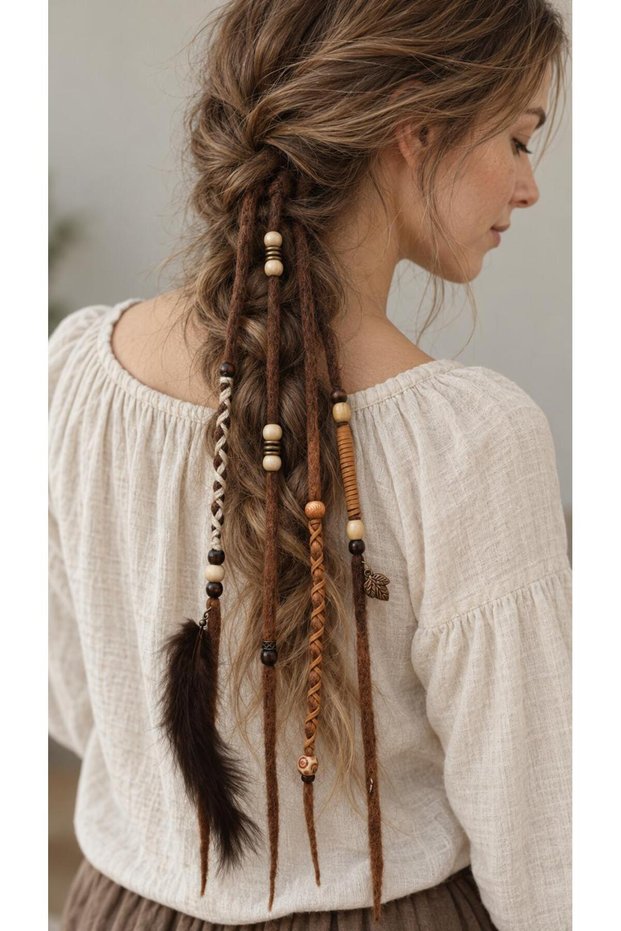 Handmade Wet Rasta Hair Accessory Set of 4 – Yellow Brown, with Bead Details, Approximately 45 Cm.