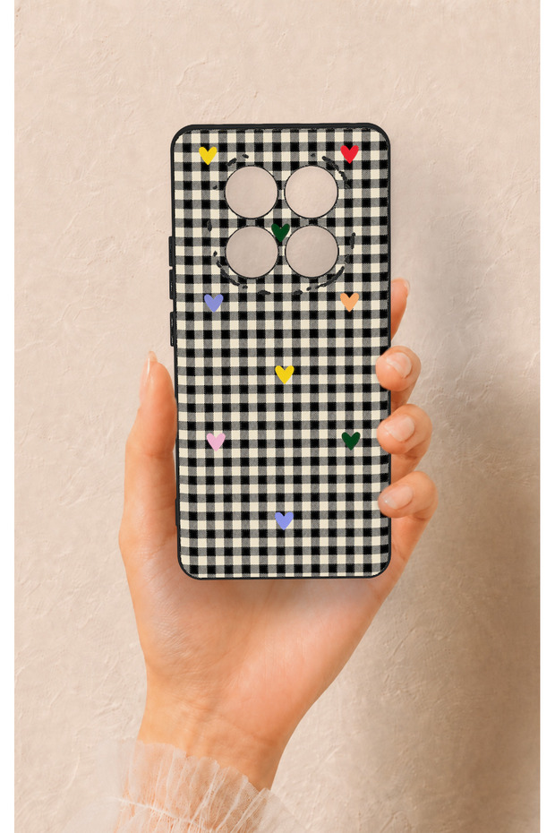 Redmi Note 14 Pro 5G Compatible Silicone Case with Heart-Shaped Plaid Pattern