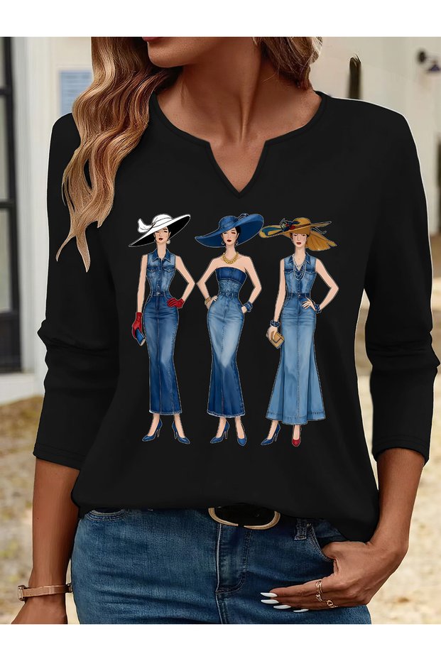 Printed Cotton-Stretch Fabric Half-V-Neck Long-Sleeve Blouse