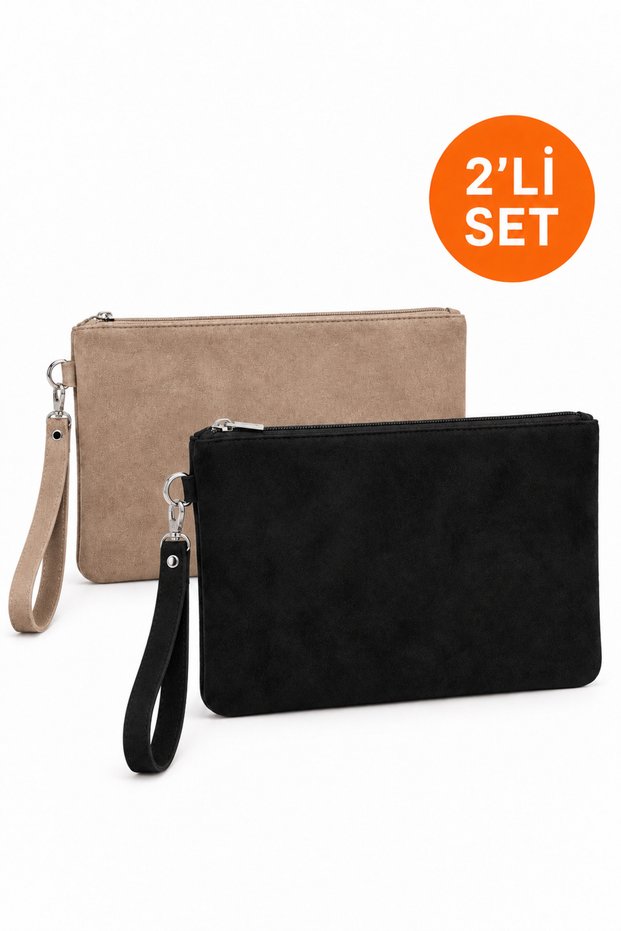 2-Piece Bag Set: Suede Briefcase, Clutch Bag, Wrist Strap, Lined Clutch Bag (2 Pieces)
