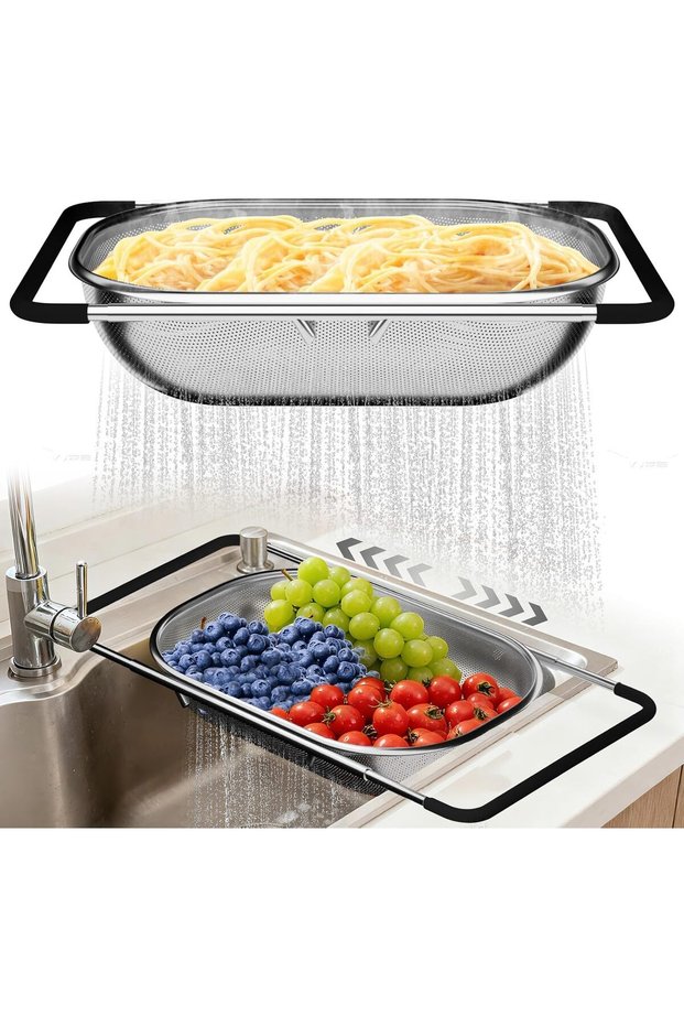 Over the Sink Colander, Strainers and Colanders, Expandable Fine Mesh Strainer with Rubber Grip for