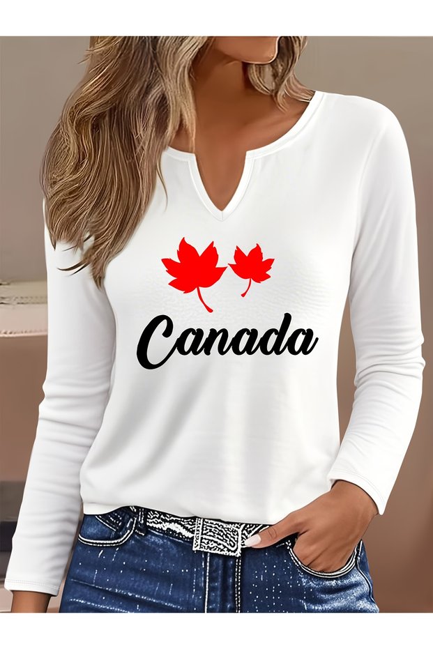 Printed Cotton-Stretch Fabric Half-V-Neck Long-Sleeve Blouse