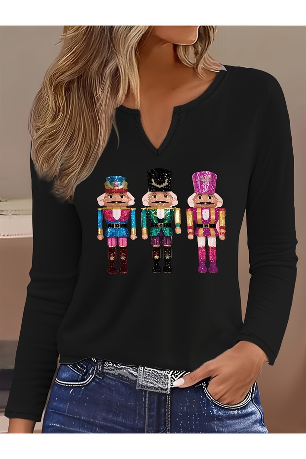 Printed Cotton-Stretch Fabric Half-V-Neck Long-Sleeve Blouse