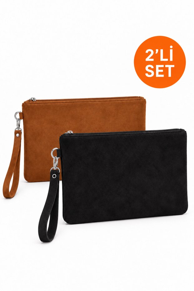 2-Piece Bag Set: Suede Briefcase, Clutch Bag, Wrist Strap, Lined Clutch Bag (2 Pieces)