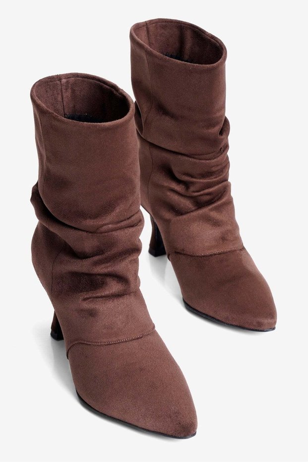 Women's Suede Boots with Ruched Detail, Pointed Toe, and Stiletto Heel—Zerin Brown