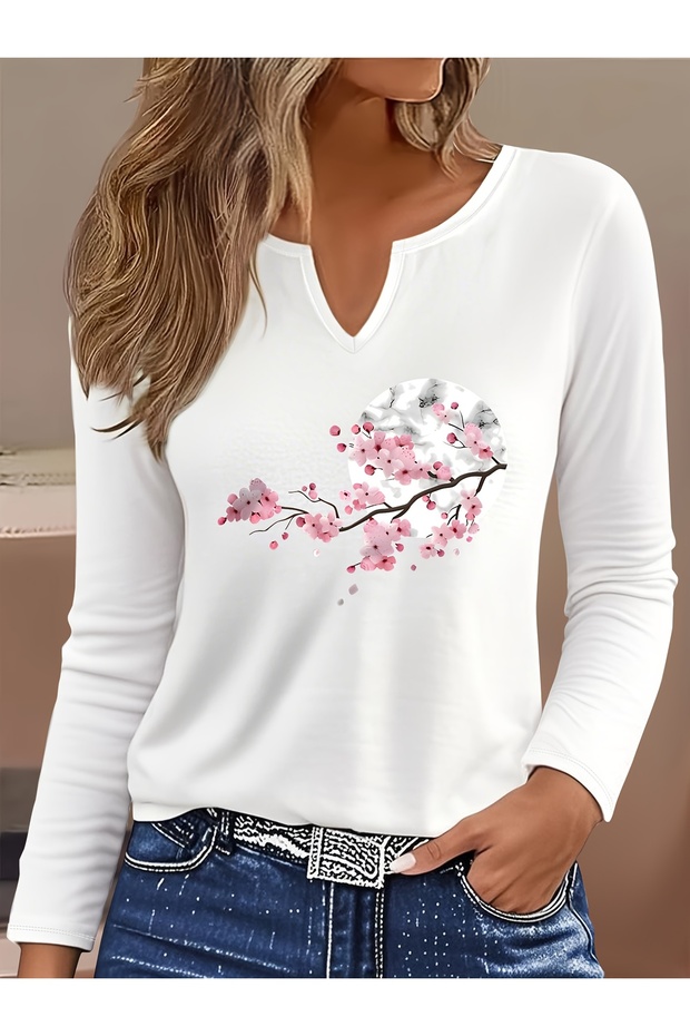 Printed Cotton-Stretch Fabric Half-V-Neck Long-Sleeve Blouse