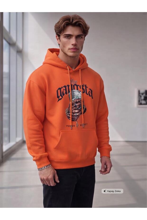 Men's Orange Gangsta-Printed Hooded Sweatshirt